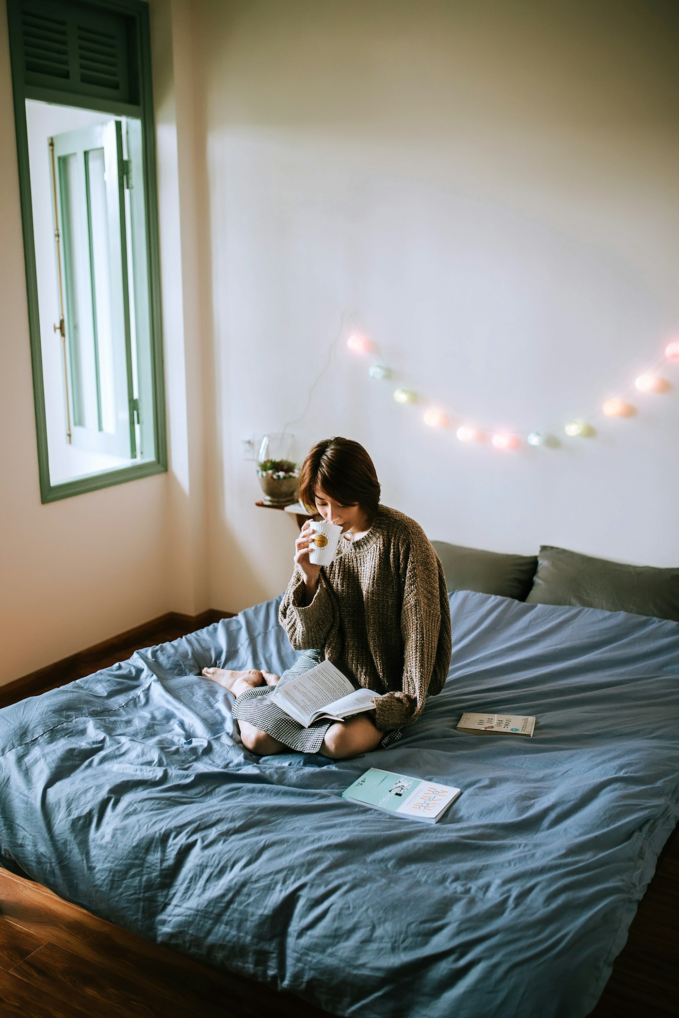Quiet evening at home with warm string lights