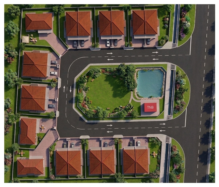 Panthera Bertam, aerial view of the estate with 19 homes around the central green and pond
